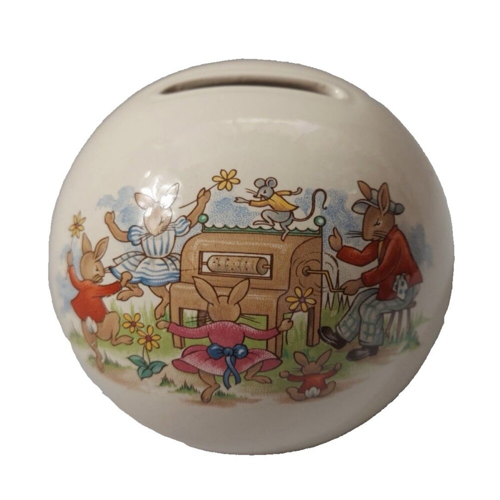 Royal Doulton Bunnykins Ball Round Coin Bank Bone China Rabbits Bunnies Vintage